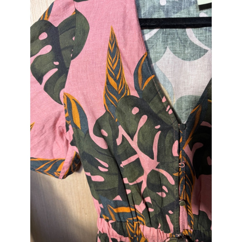 Farm Rio for Anthropologie Pink Tropical Monstera Leaf Linen Romper Small FLAW - Picture 5 of 8